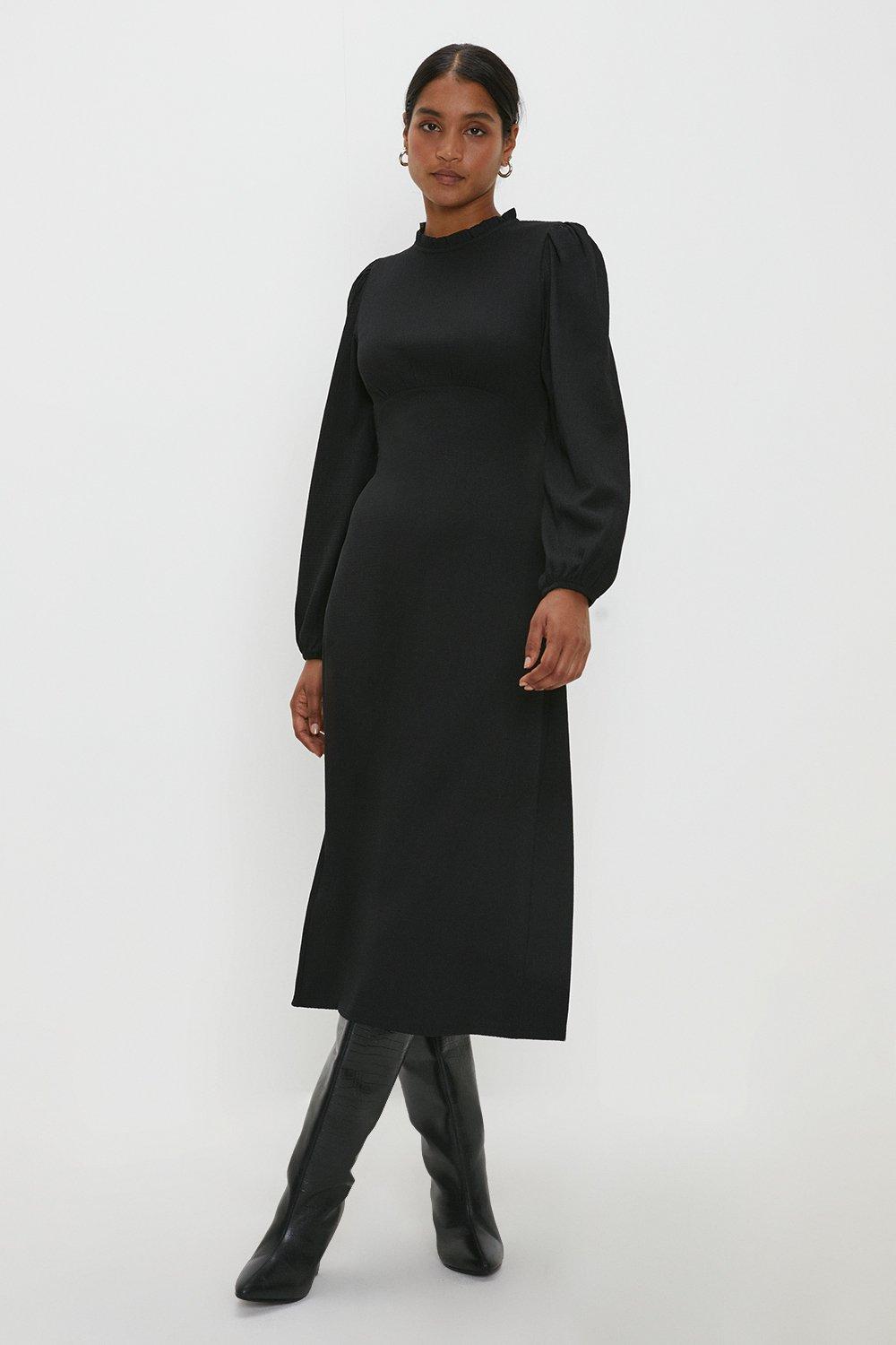 Womens Black Frill Neck Midi Dress