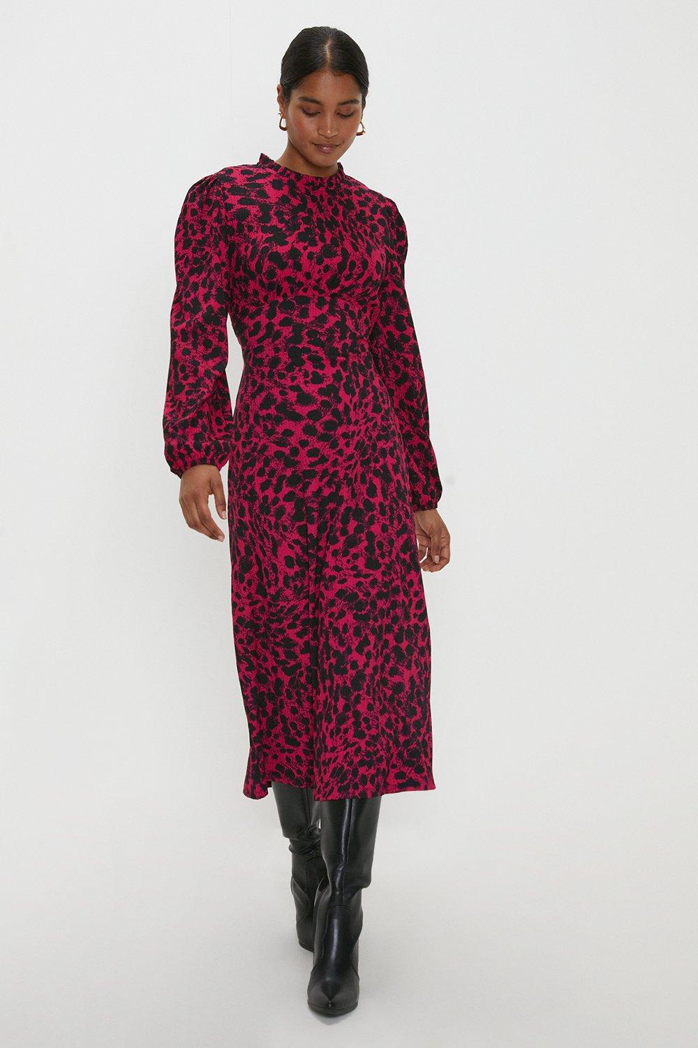 Womens Pink Leopard Frill Neck Midi Dress