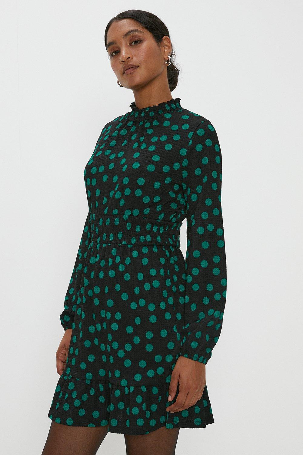 Women’s Green Spot Shirred Waist Mini Dress - 12