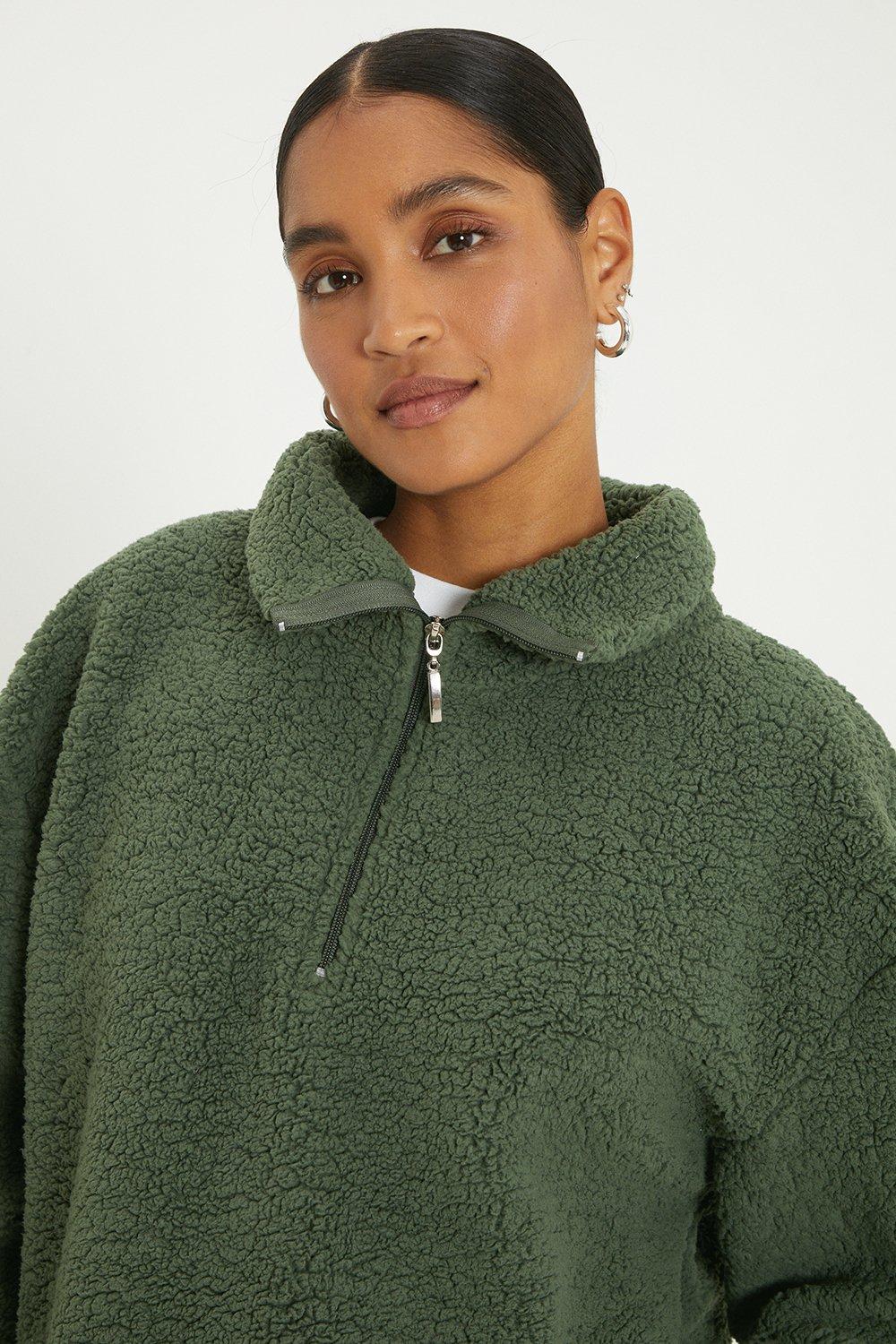 Women’s Half Zip Rib Collar Borg Sweatshirt - khaki - XL