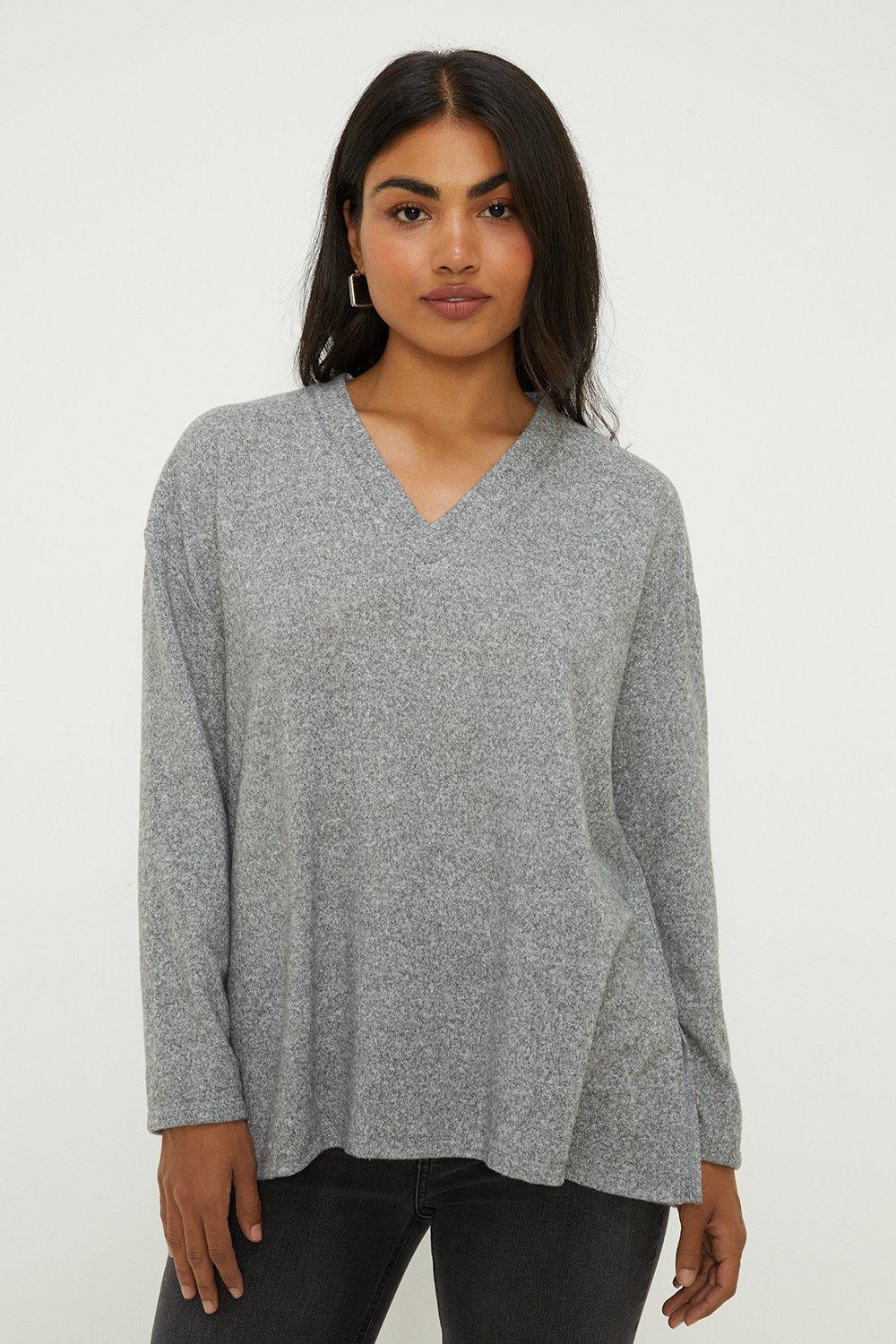 Tops | Oversized Longline Ribbed Brushed V Neck Top | Dorothy Perkins