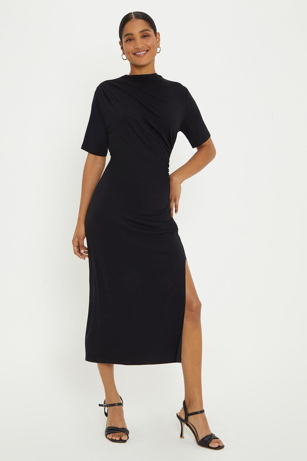 Women's Ruched Short Sleeve Midi Dress - black - 16