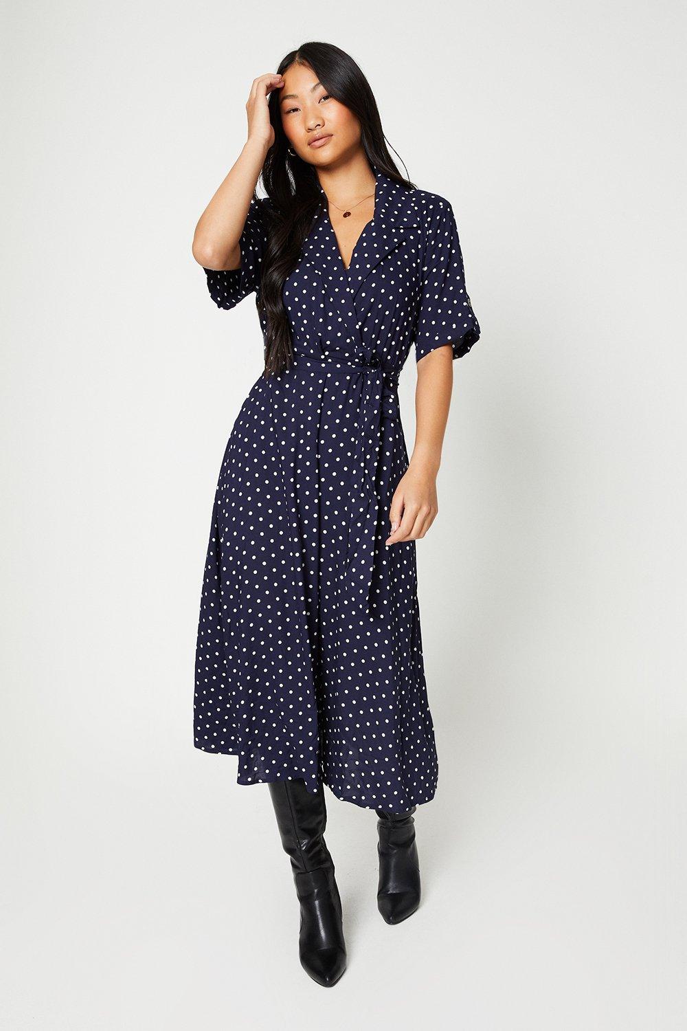 Dresses Petite Navy Spot Wrap Shirt Dress Dorothy Perkins