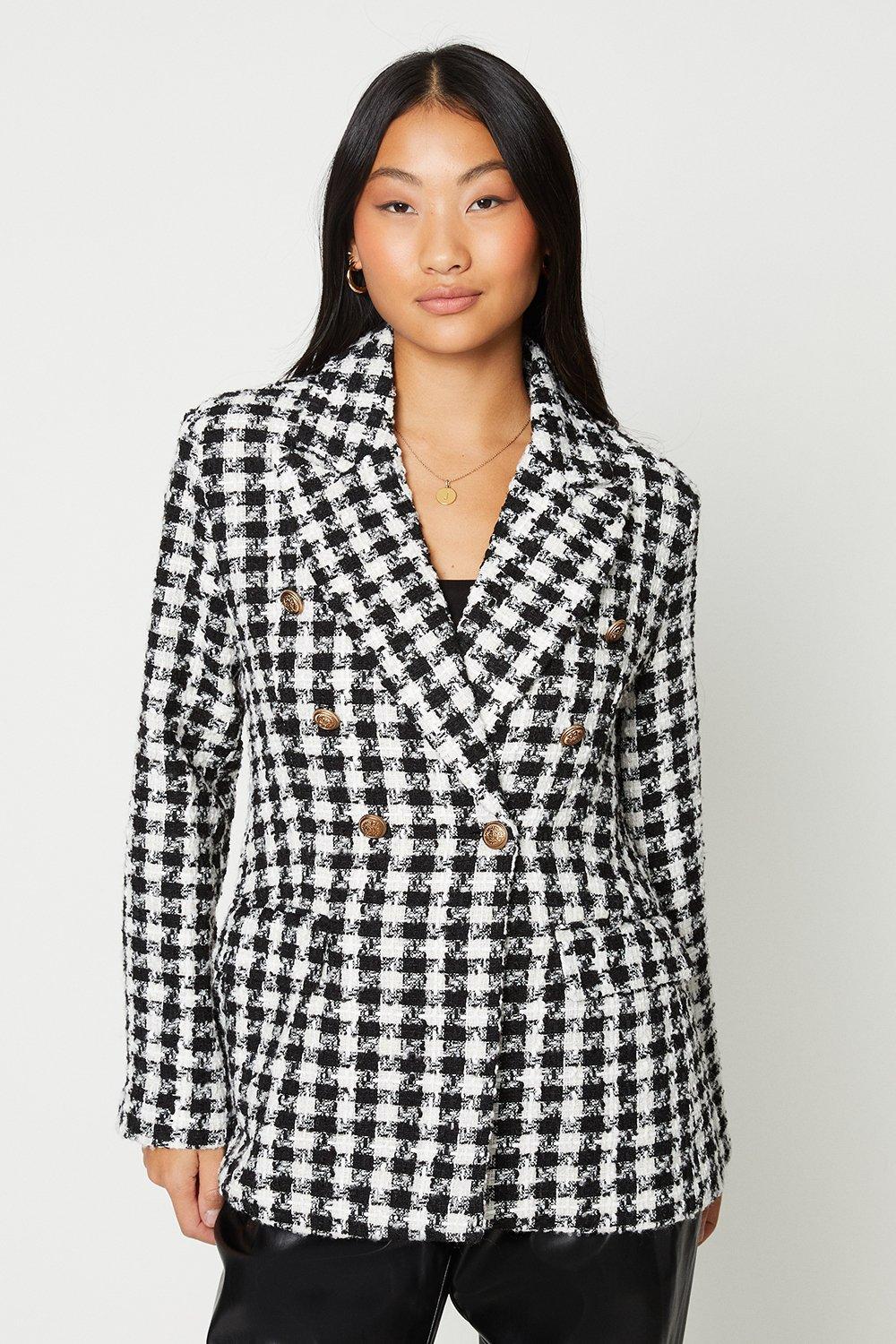 Womens Petite Dogtooth Double Breasted Blazer