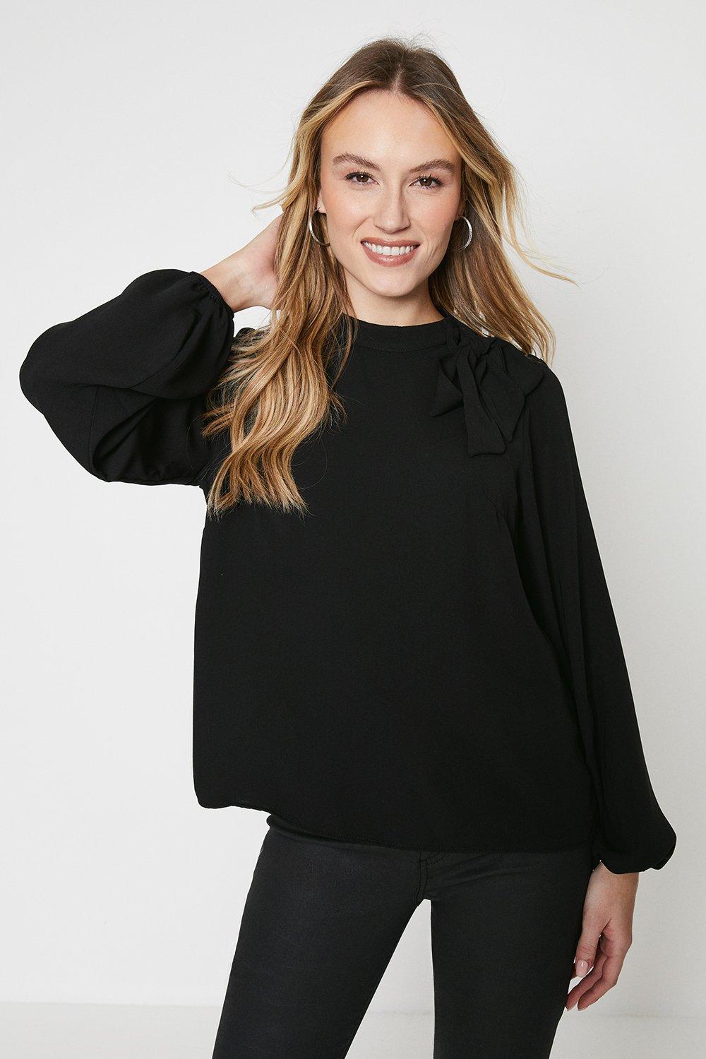 Tie Neck Long Sleeve Blouse Black