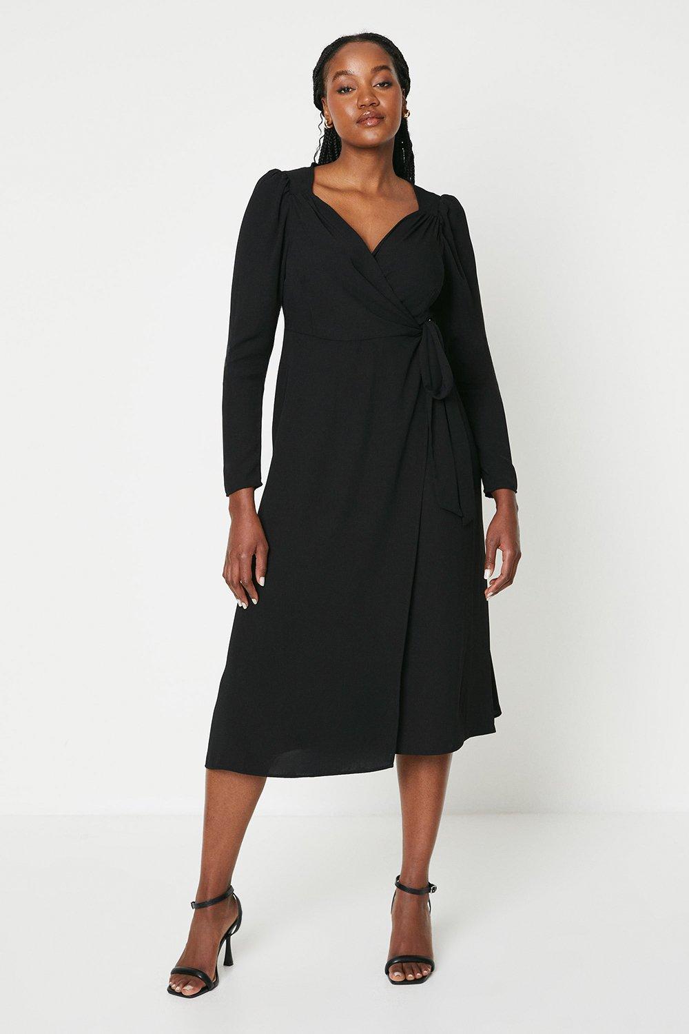 Womens Black Wrap Midi Dress