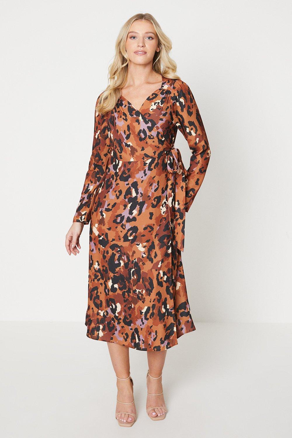 Womens Leopard Wrap Midi Dress