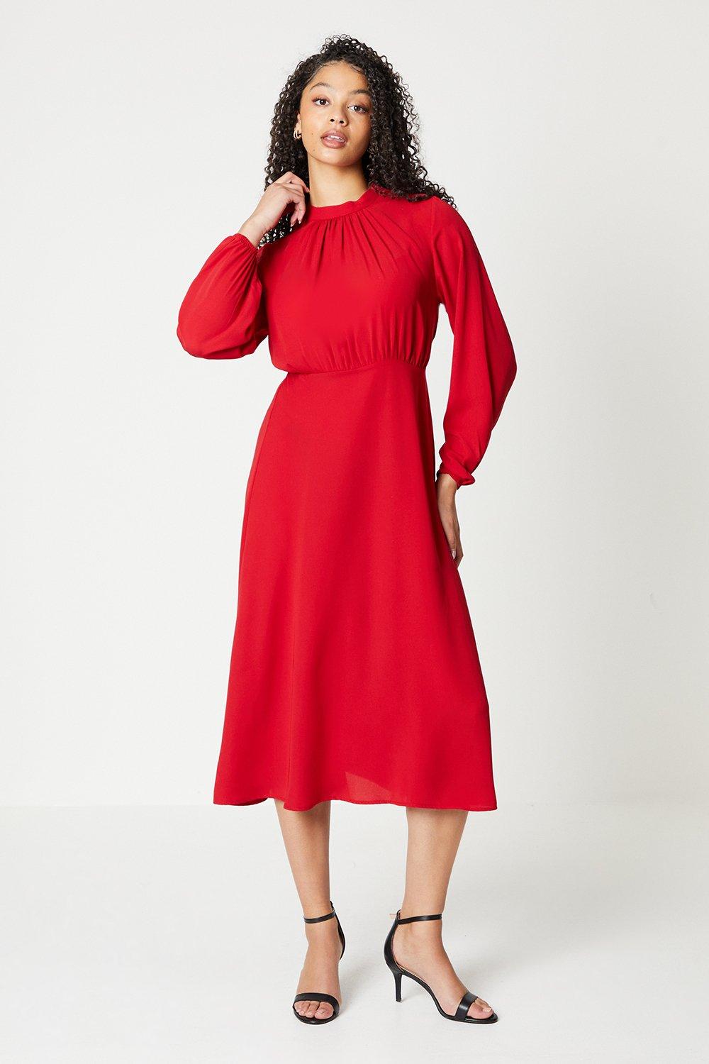 Womens Red High Neck Midi Dress