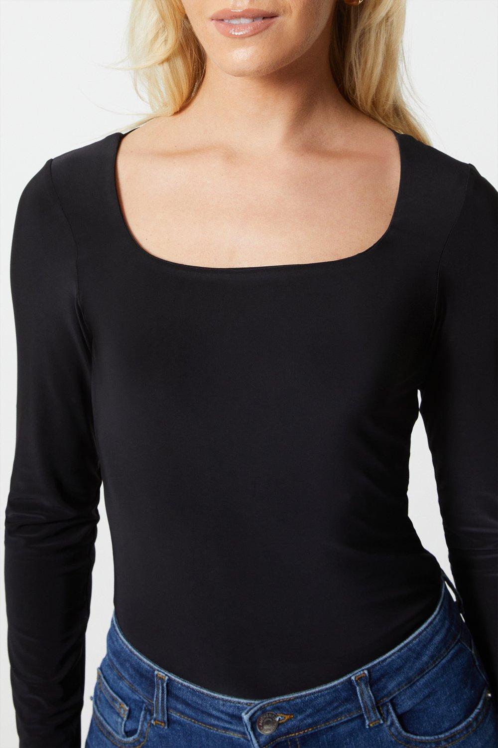 Double Layer Slinky Square Neck Long Sleeve Top