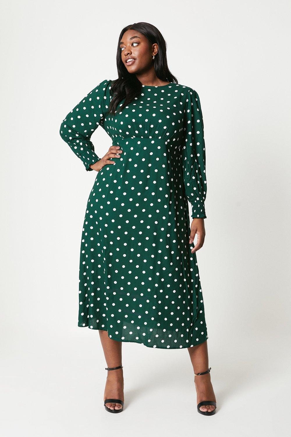 Womens Curve Green Spot Shirred Cuff Midi Dress