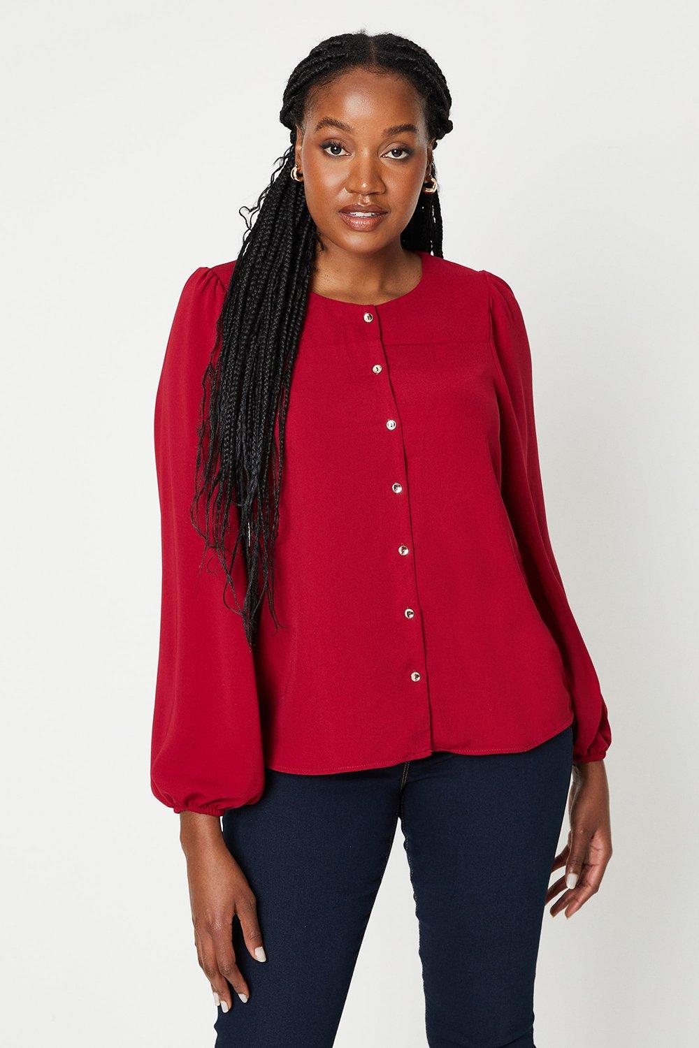 Women's Collarless Button Through Shirt - berry - 10