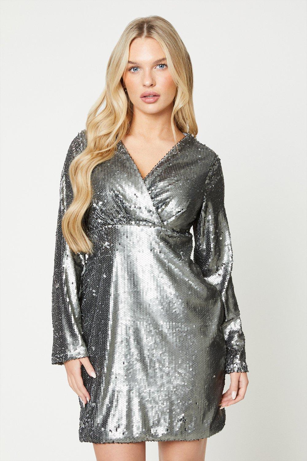 Women’s Petite Silver Sequin Wrap Mini Dress - 16