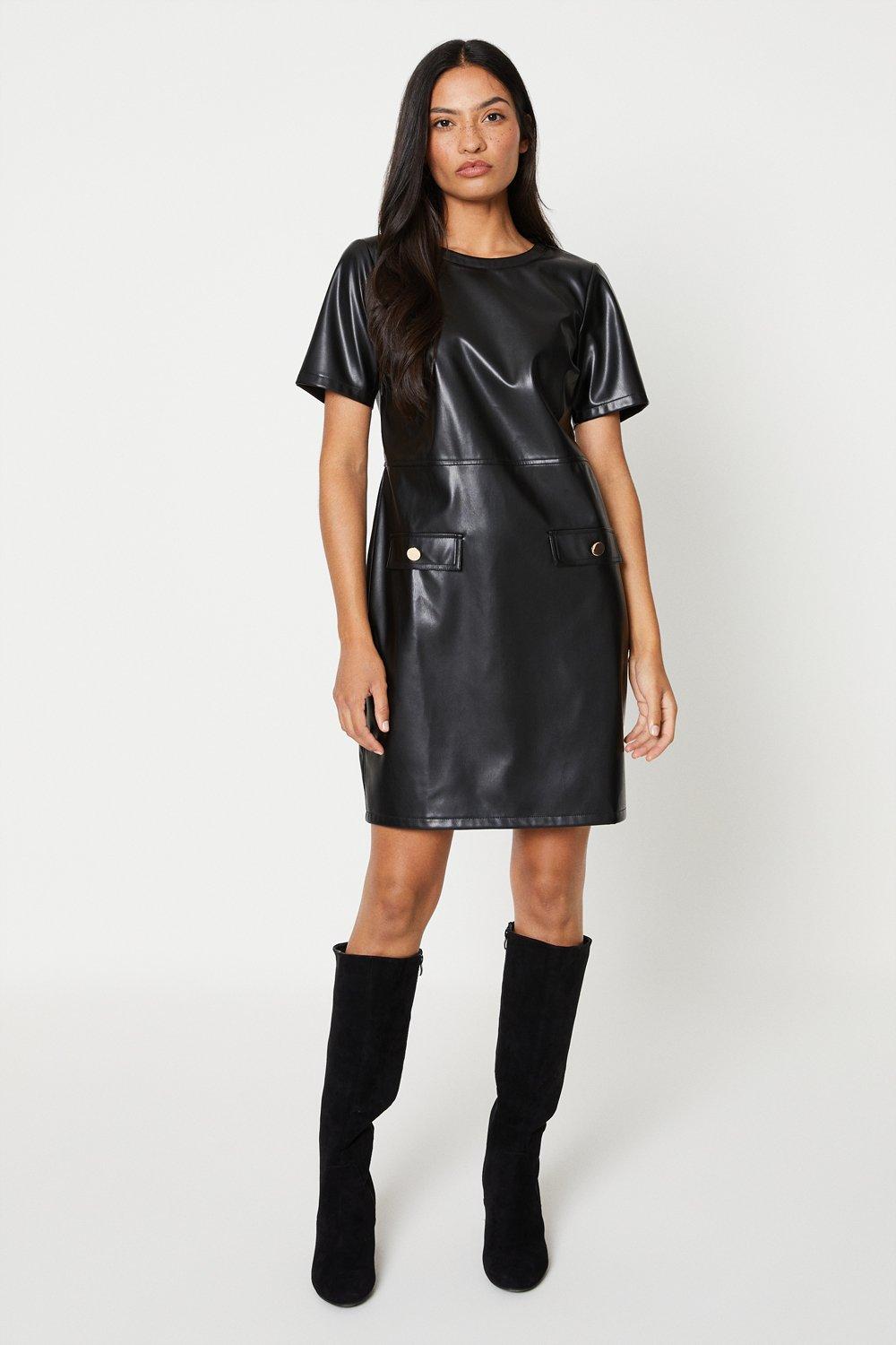 Women’s Short Sleeve Pocket Front Pu Dress - black - 14