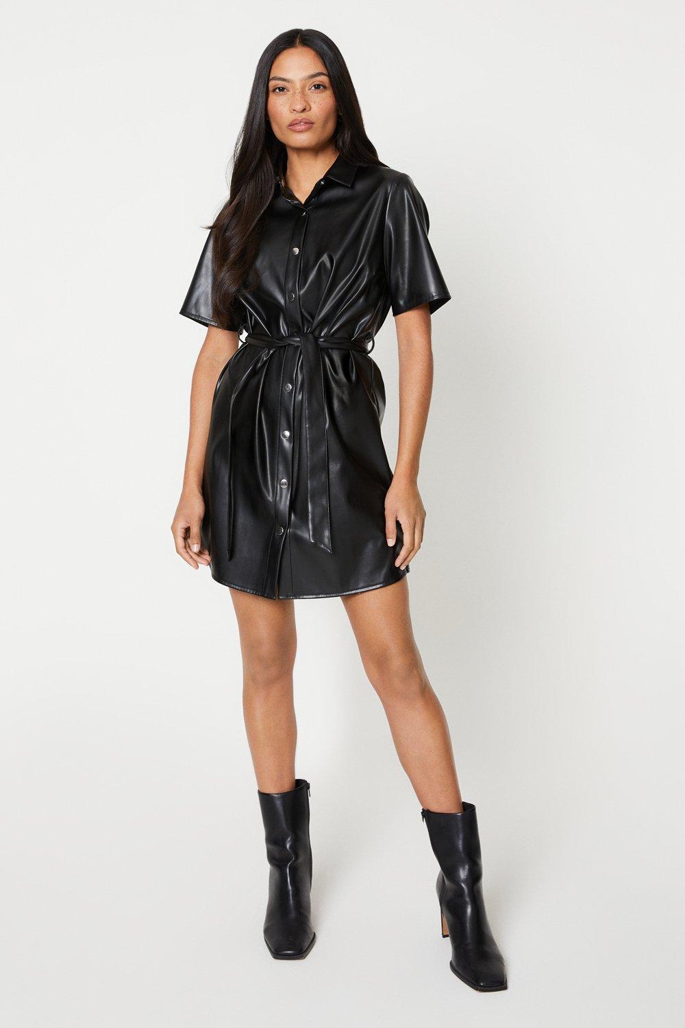 Women's Short Sleeve Shirt Faux Leather Dress - black - 14
