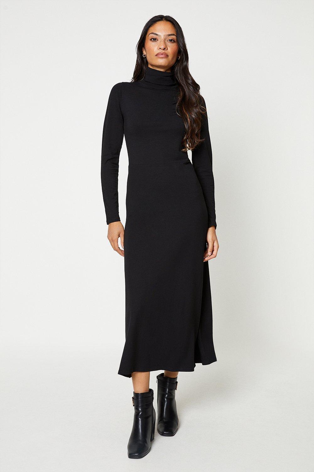 Women’s Premium Super Soft Roll Neck Fit And Flare Midi Dress - black - 16