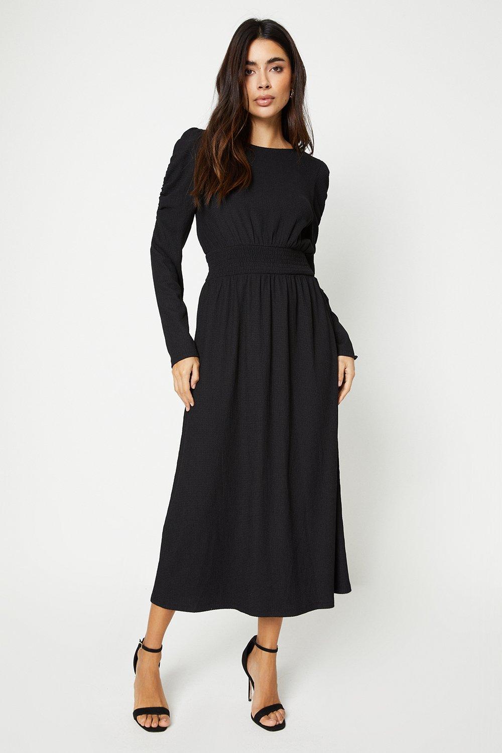 Womens Shirred Waist Long Sleeve Midi Dress