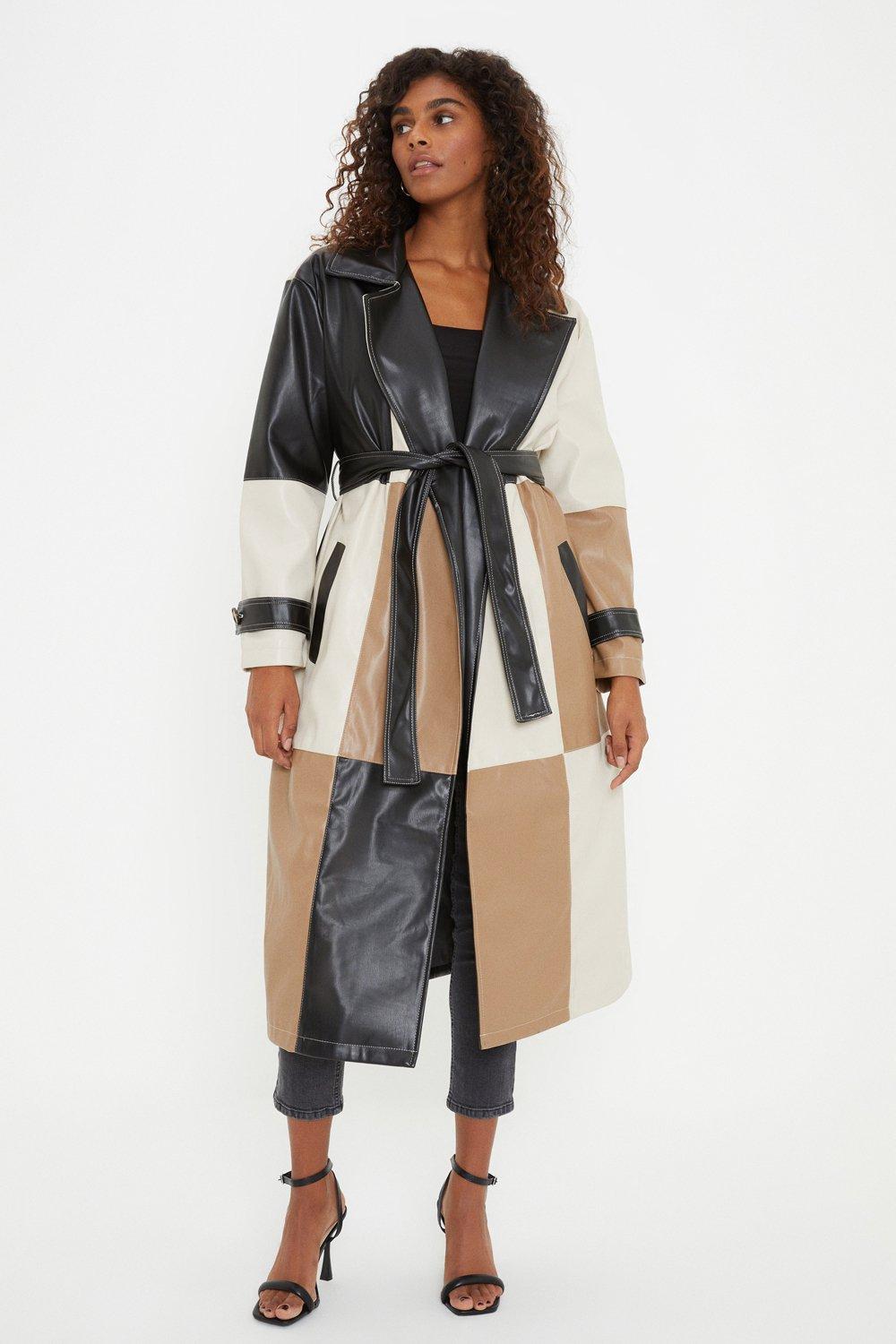 Womens Faux Leather Patchwork Trench Coat
