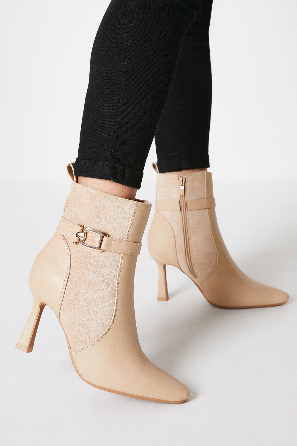 Women’s Faith: Madra Pointed Buckle High Heeled Ankle Boots - beige - 3