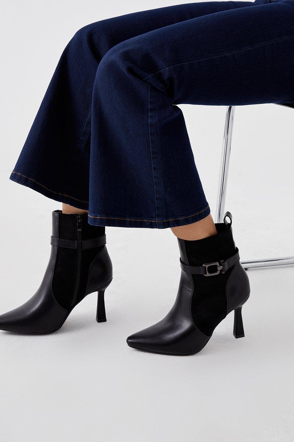 Womens Faith: Madra Pointed Buckle High Heeled Ankle Boots