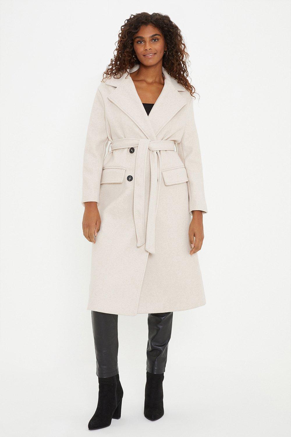Image of Womens Petite Longline Belted Double Breasted Coat