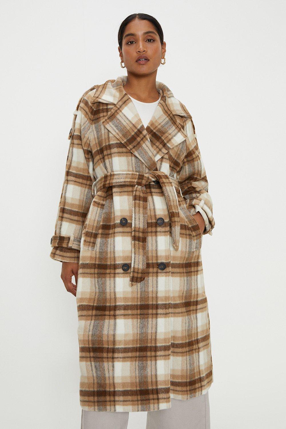 Image of Womens Checked Longline Double Breasted Coat