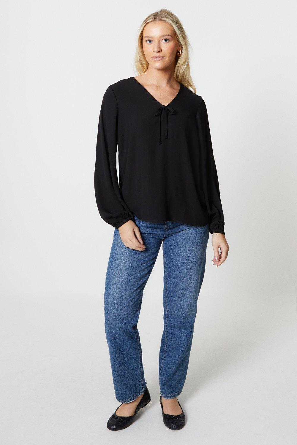 Womens Tie Front Long Sleeve Blouse
