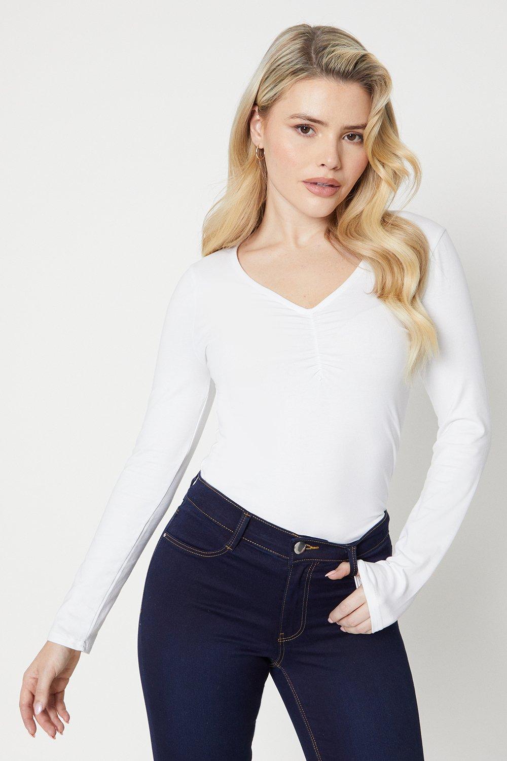 Women's Ruched Front Long Sleeve T-Shirt - white - L