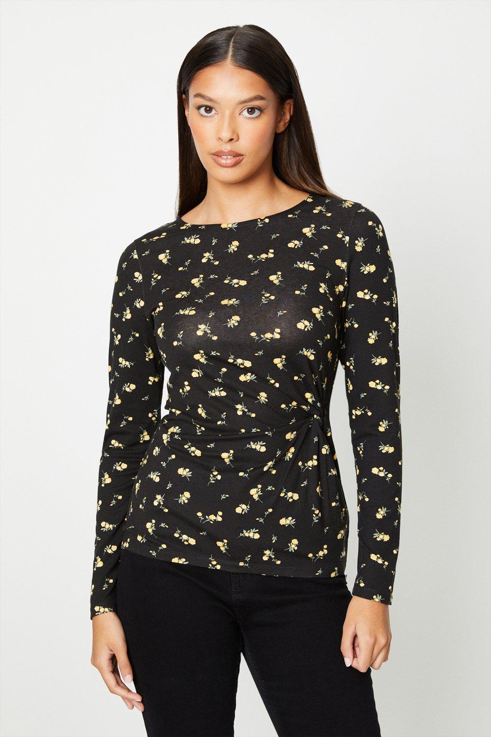 Women's Side Knot Detail Long Sleeve Top - floral - S