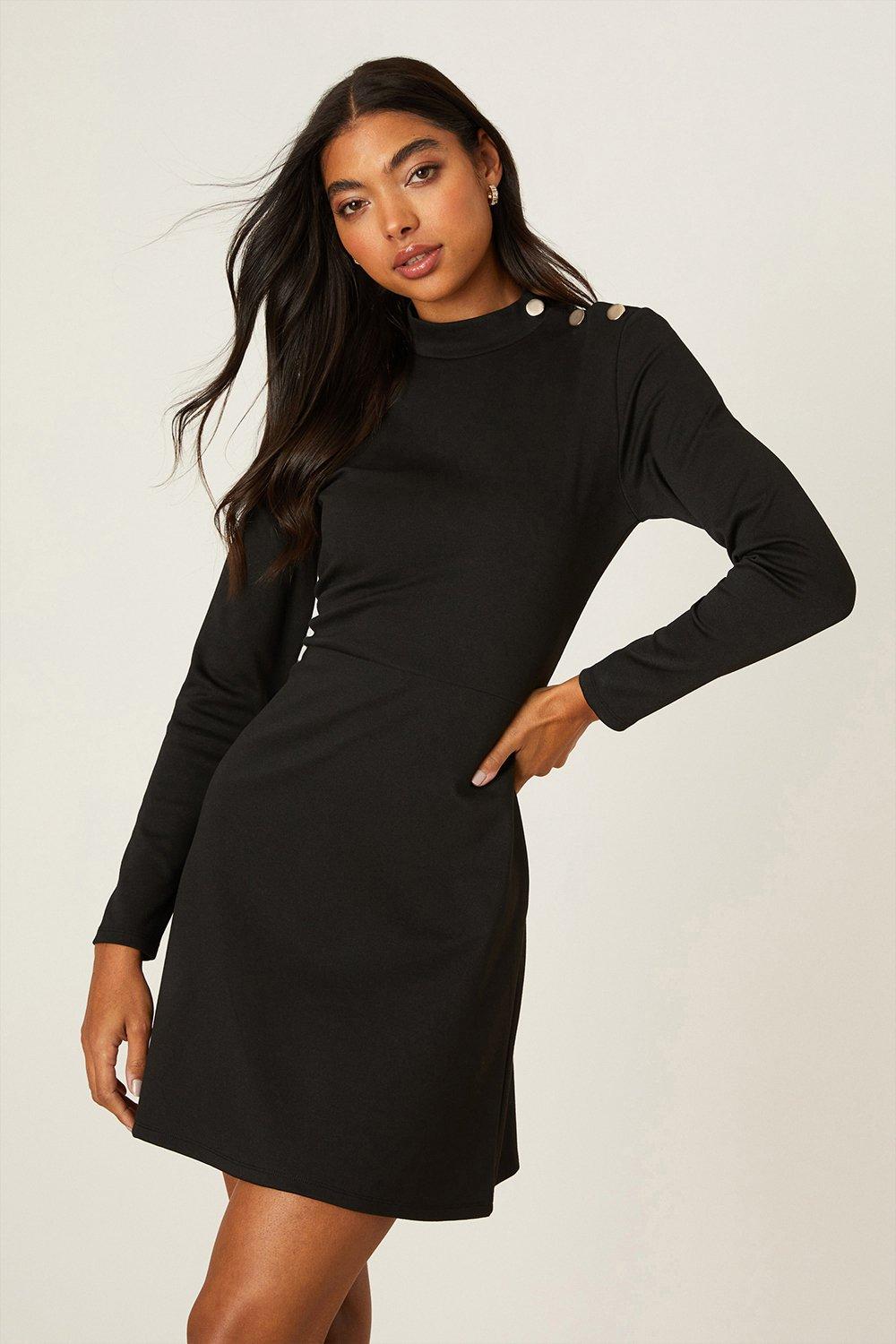 Women's Black Ponte High Neck Button Mini Dress - 8