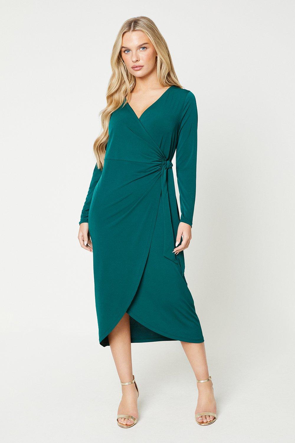 Womens Petite Green Wrap Midi Dress