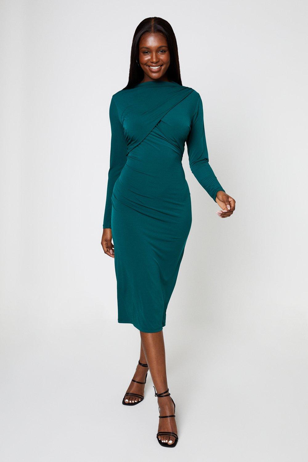 Women's Green Draped Midi Dress - 14