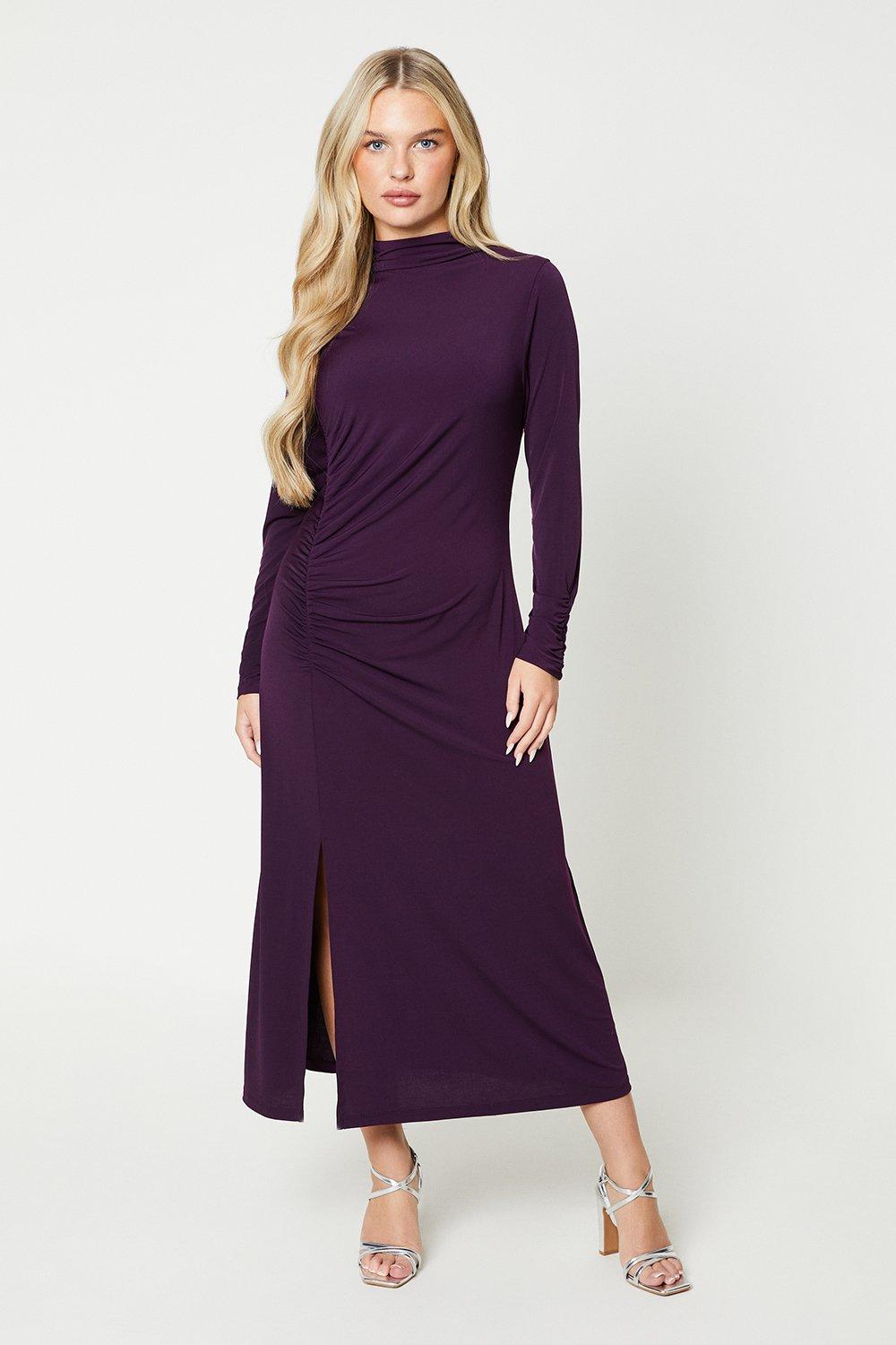 Womens Petite Purple Ruched Midi Dress