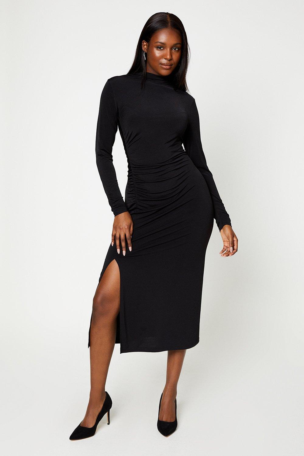 Womens Black Ruched Midi Dress