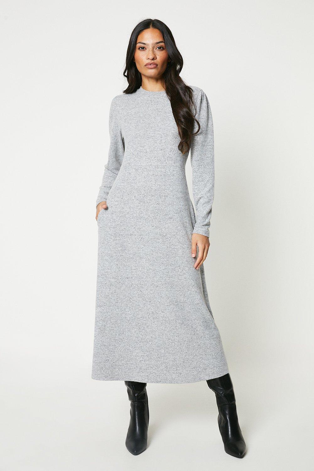 Women’s Brushed Soft Touch High Neck Fit And Flare Midi Dress - grey marl - 14