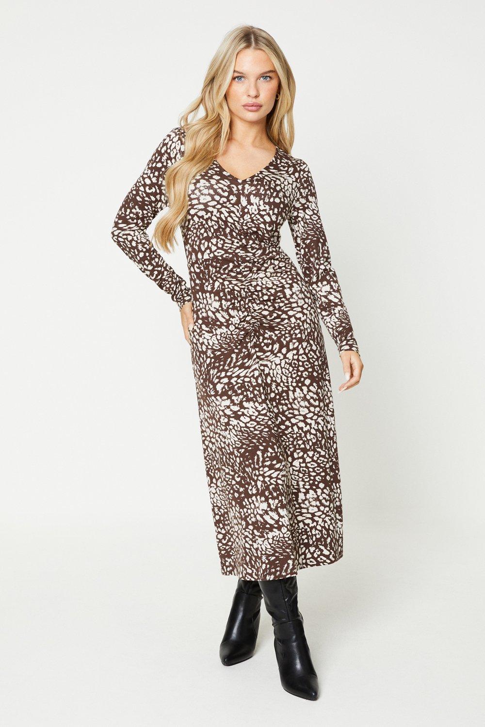 Womens Petite Chocolate Leopard Ruched Front Midi Dress