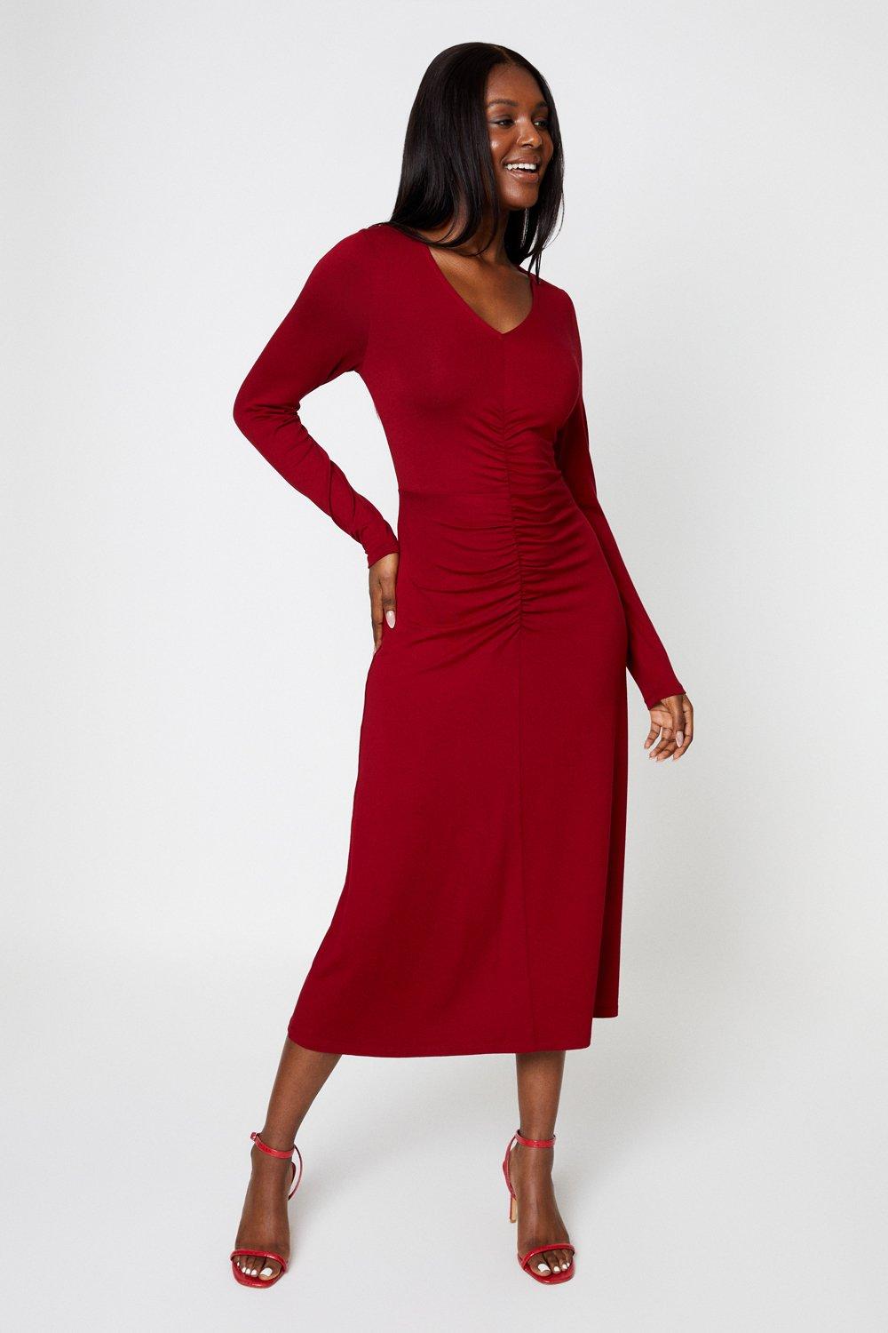 Womens Berry Ruched Front Midi Dress