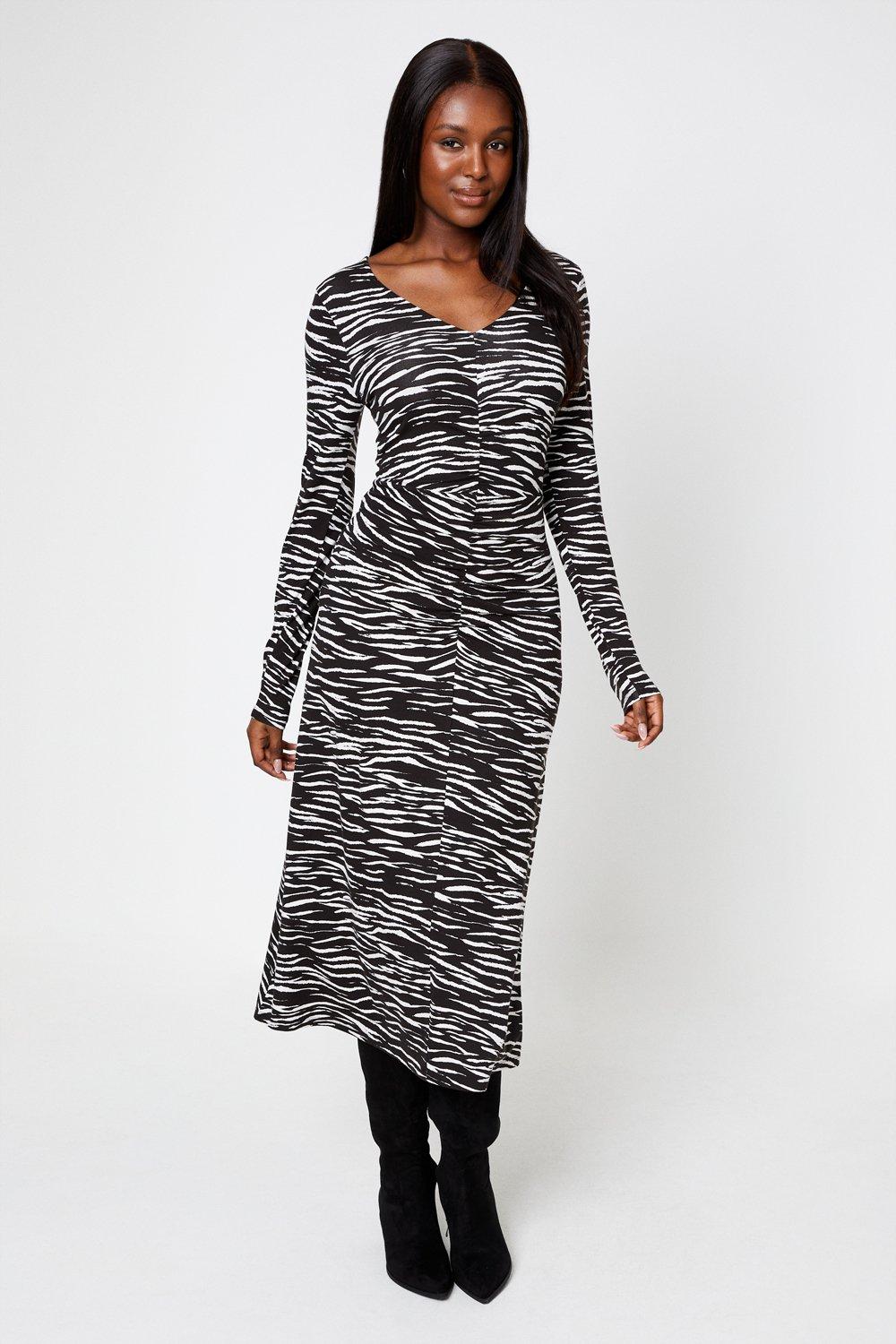 Womens Mono Zebra Ruched Front Midi Dress