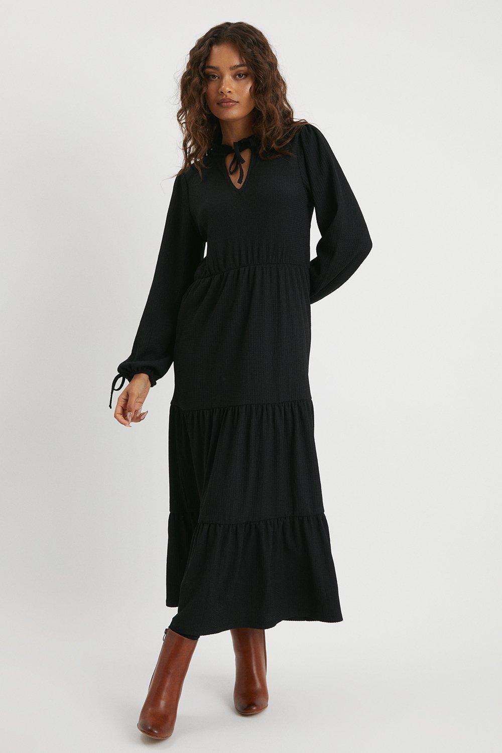 Womens Petite Black Tiered Midi Dress