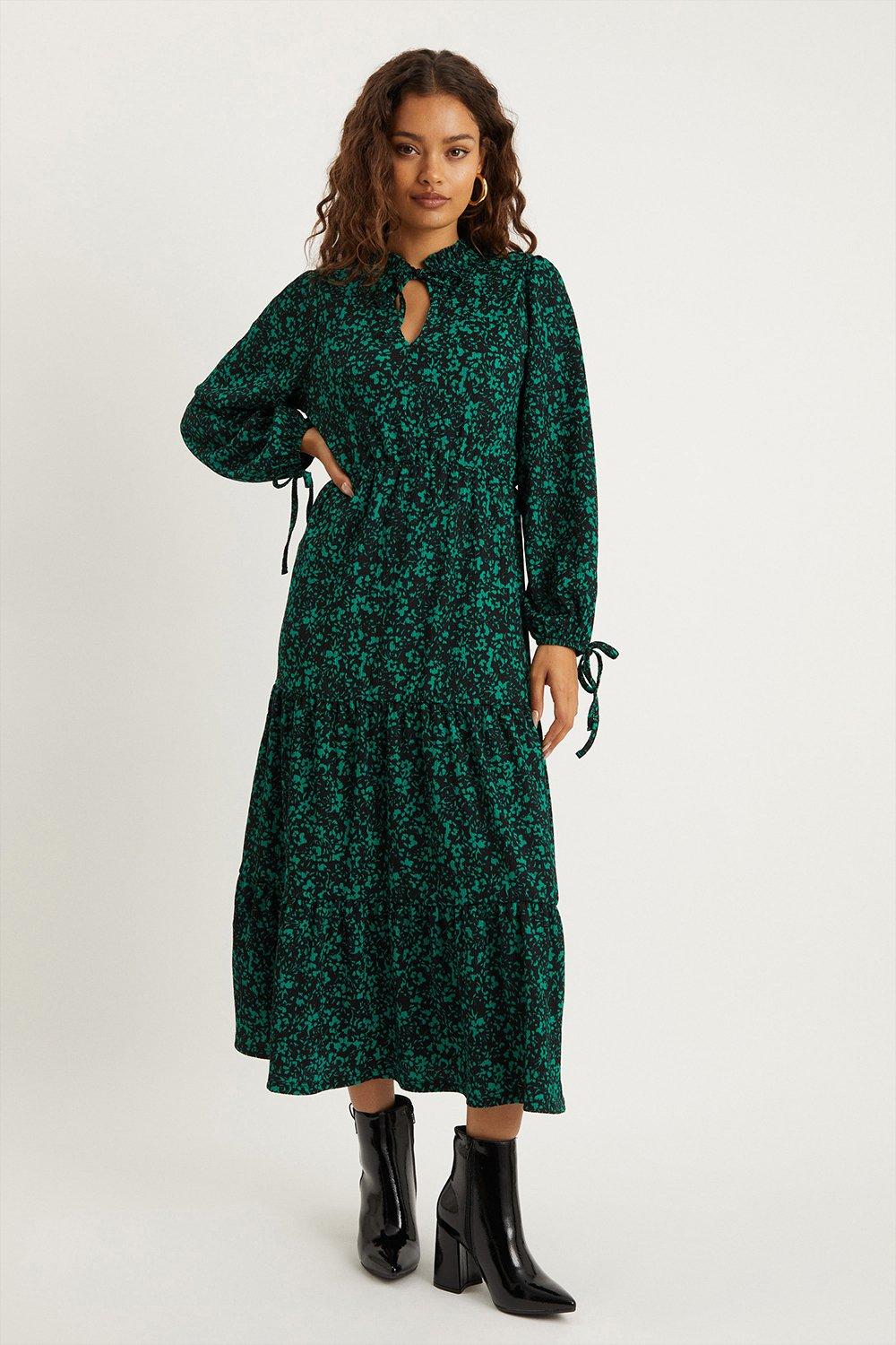 Women’s Petite Green Ditsy Tiered Midi Dress - 10