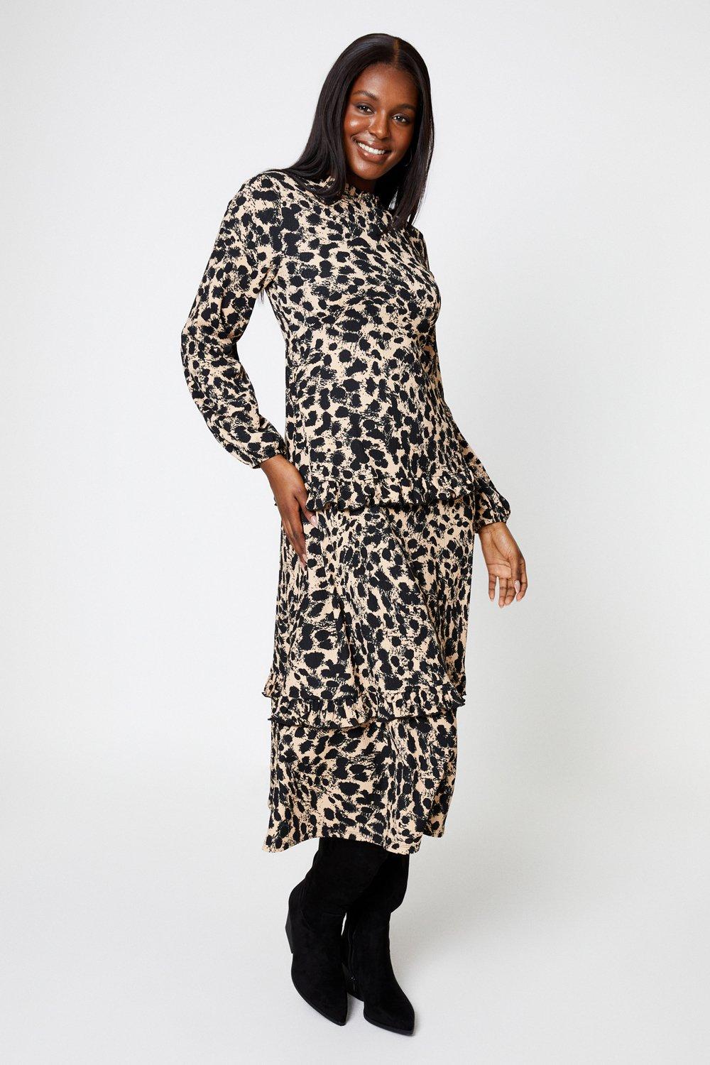 Womens Leopard Tiered Frill Midi Dress