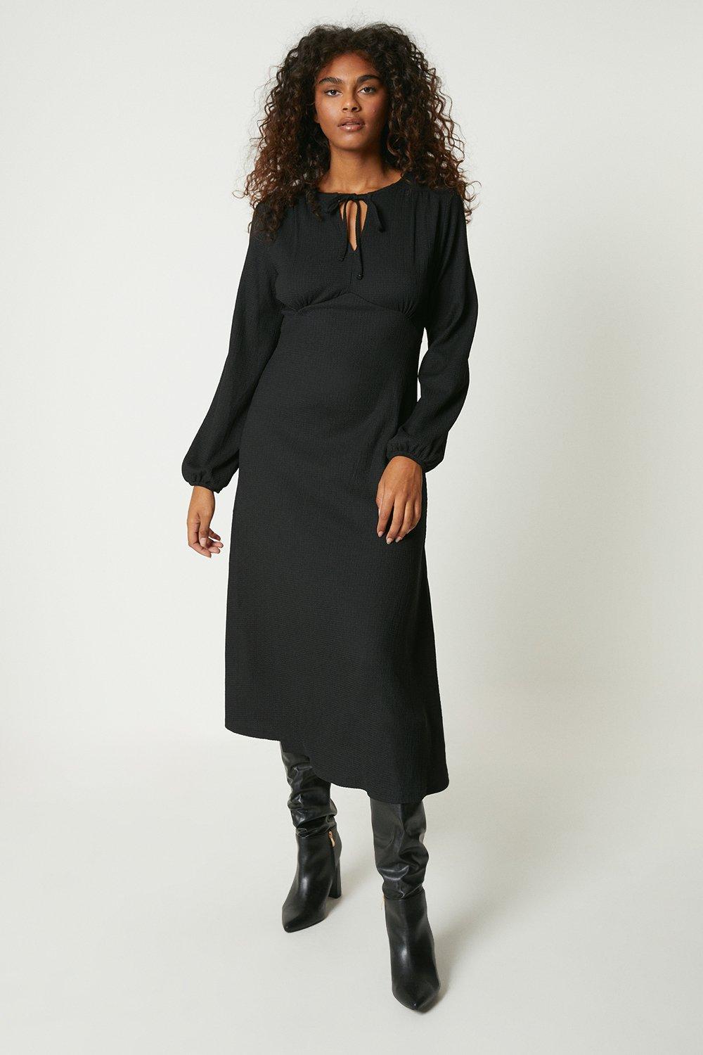 Womens Black Tie Front Midi Dress