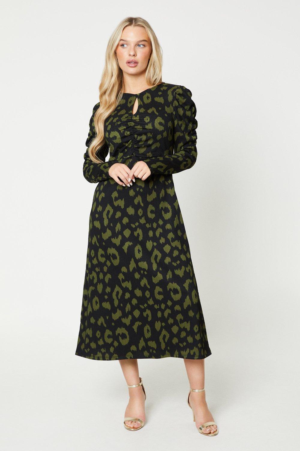 Womens Petite Khaki Leopard Keyhole Midi Dress
