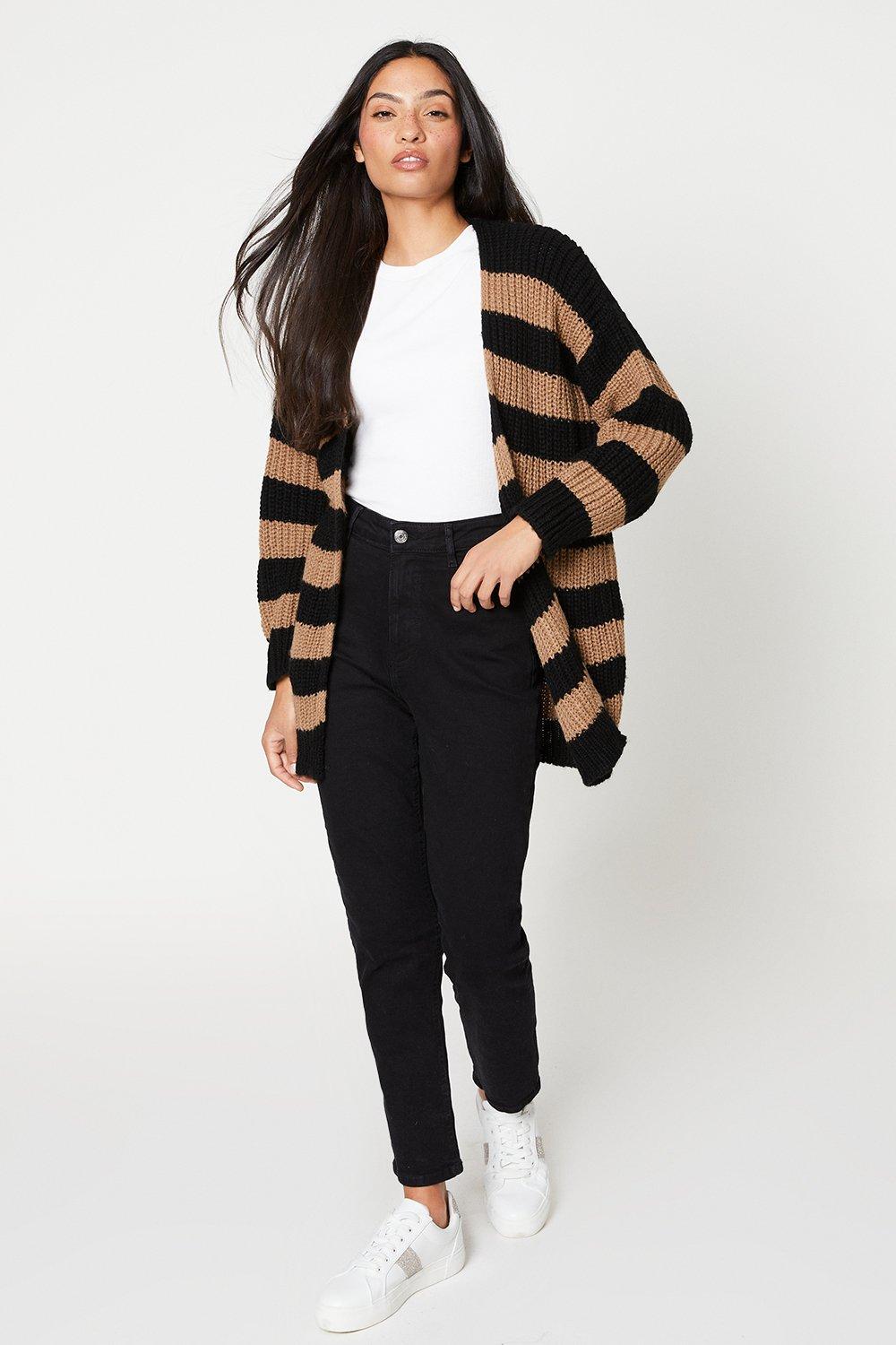 Women’s Longline Chunky Stripe Cardigan - black - XL