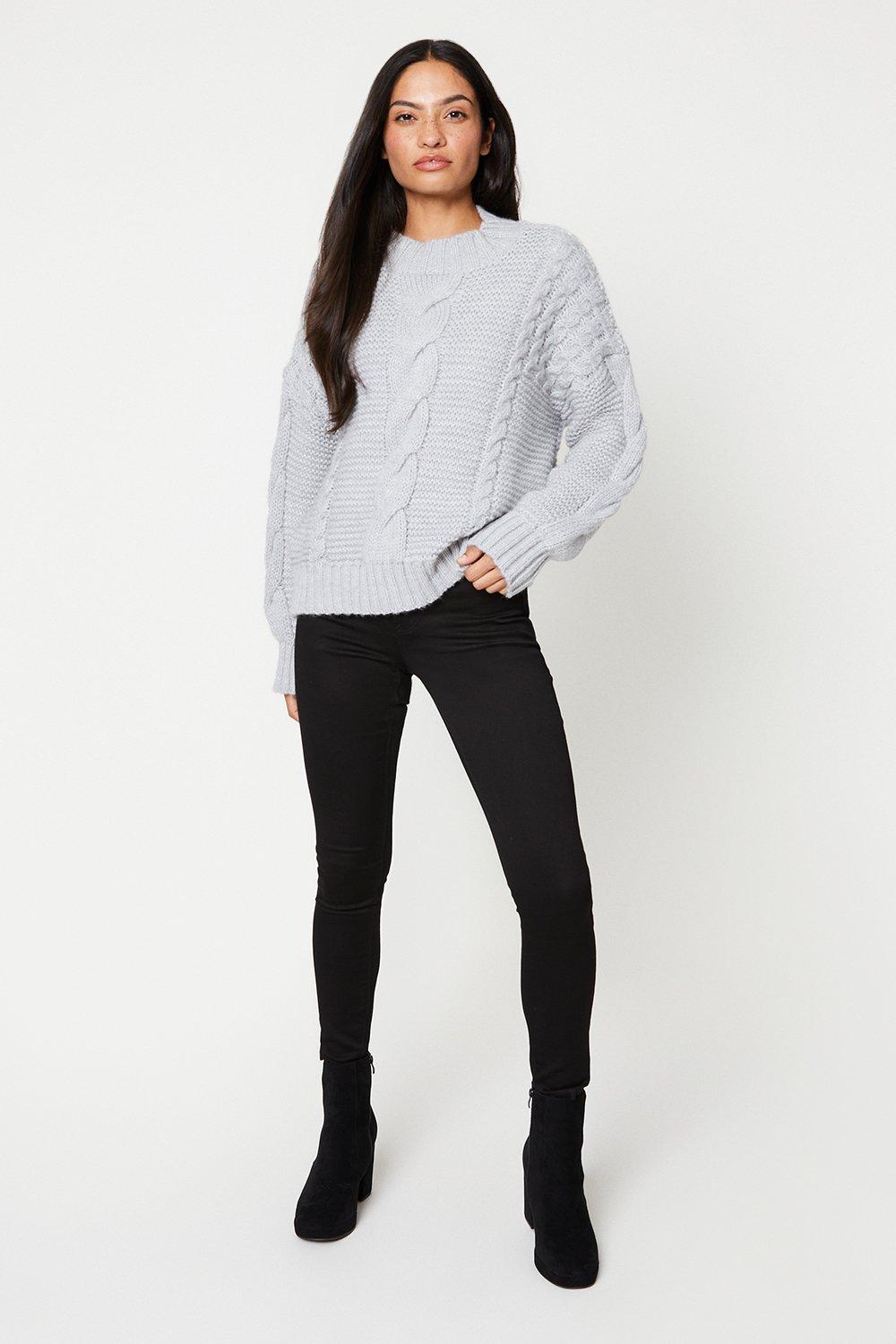 Women's Chunky High Neck Cable Jumper - grey - S