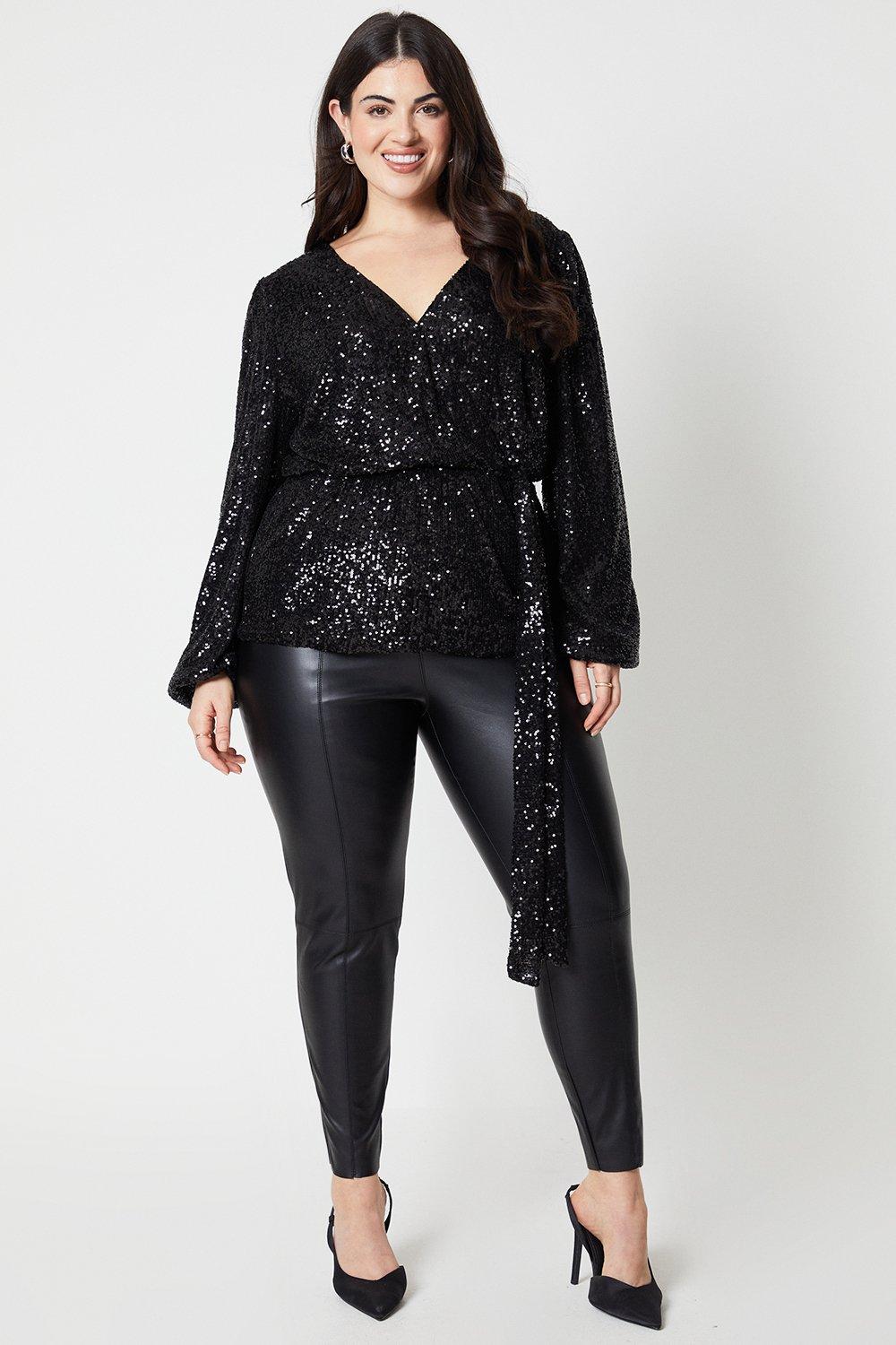 Womens Curve Sequin Wrap Long Sleeve Top