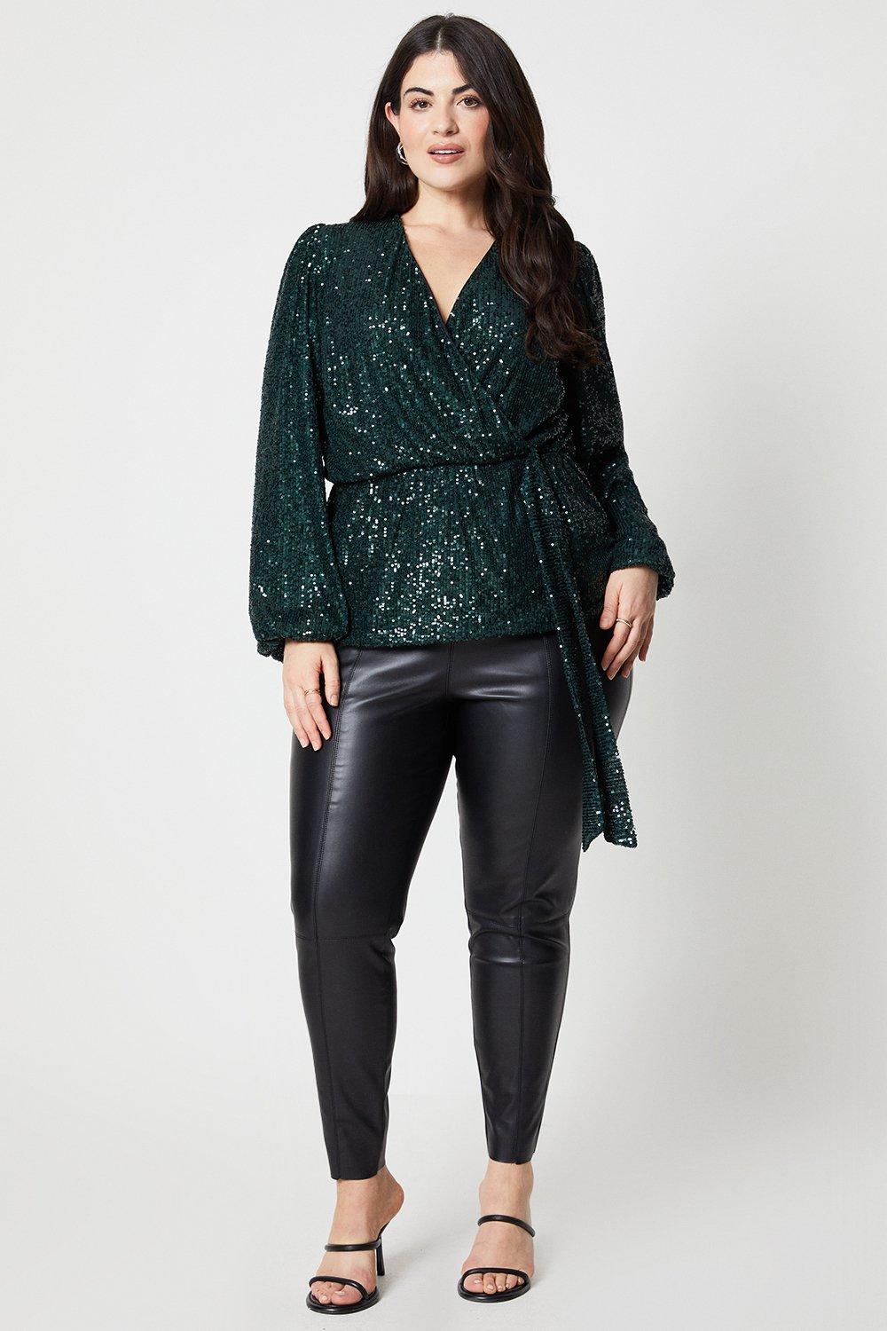 Womens Curve Sequin Wrap Long Sleeve Top