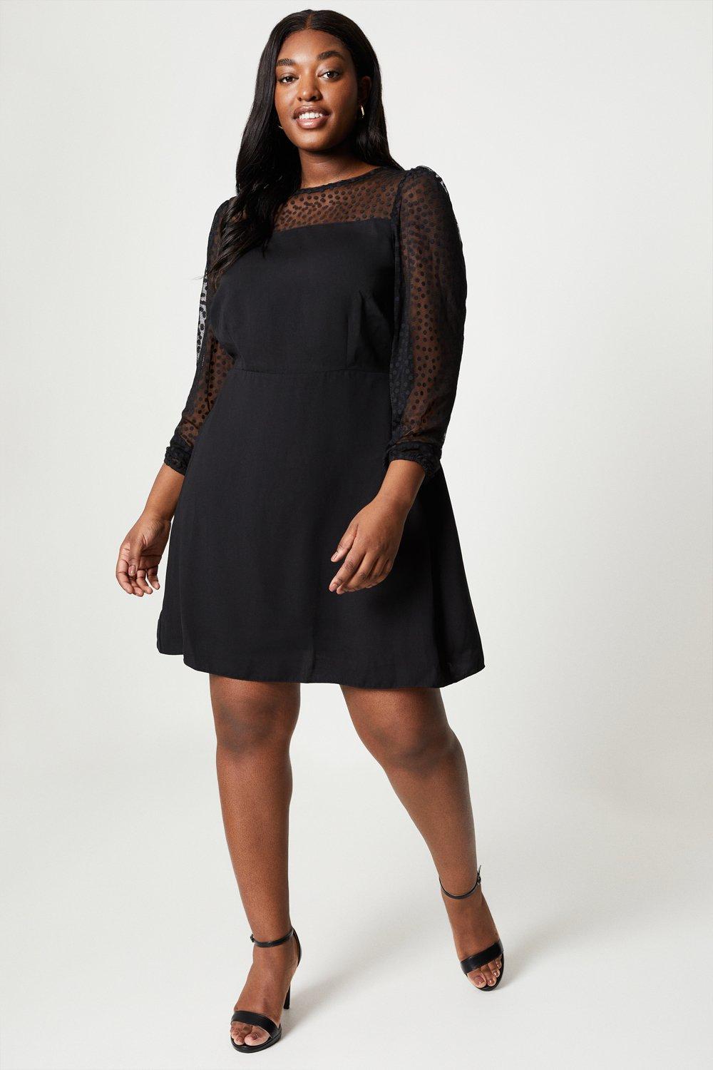 Womens Curve Dobby Mesh Long Sleeve Fit And Flare Dress