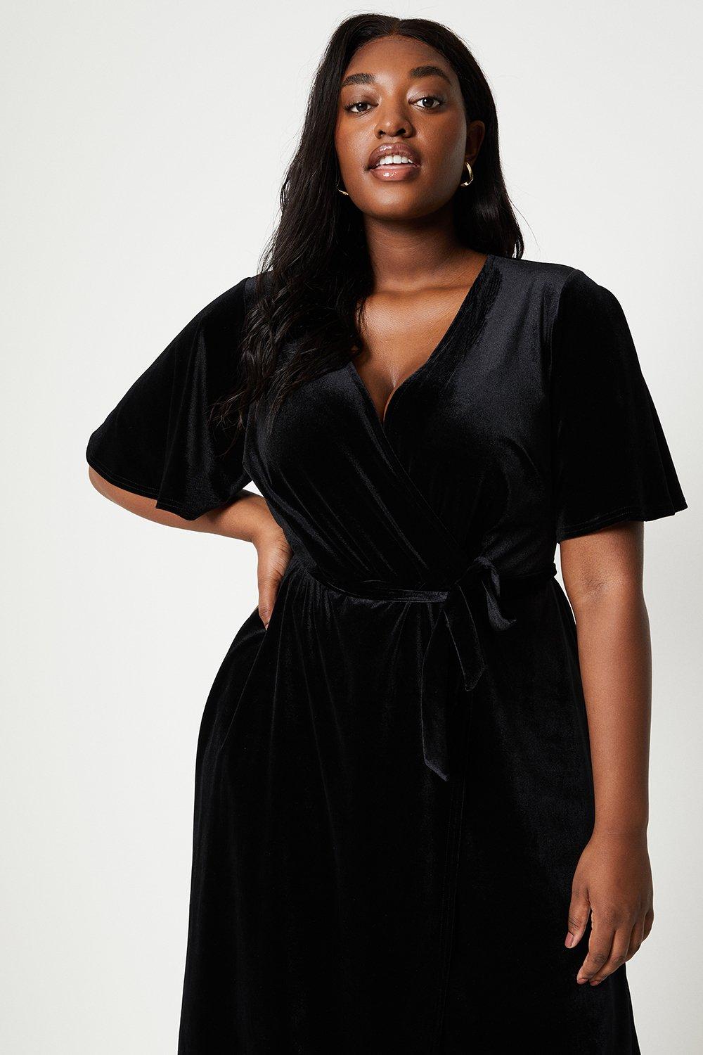 Delta Plus-size Black Velvet Glitter Midi Dress with Bell Sleeves