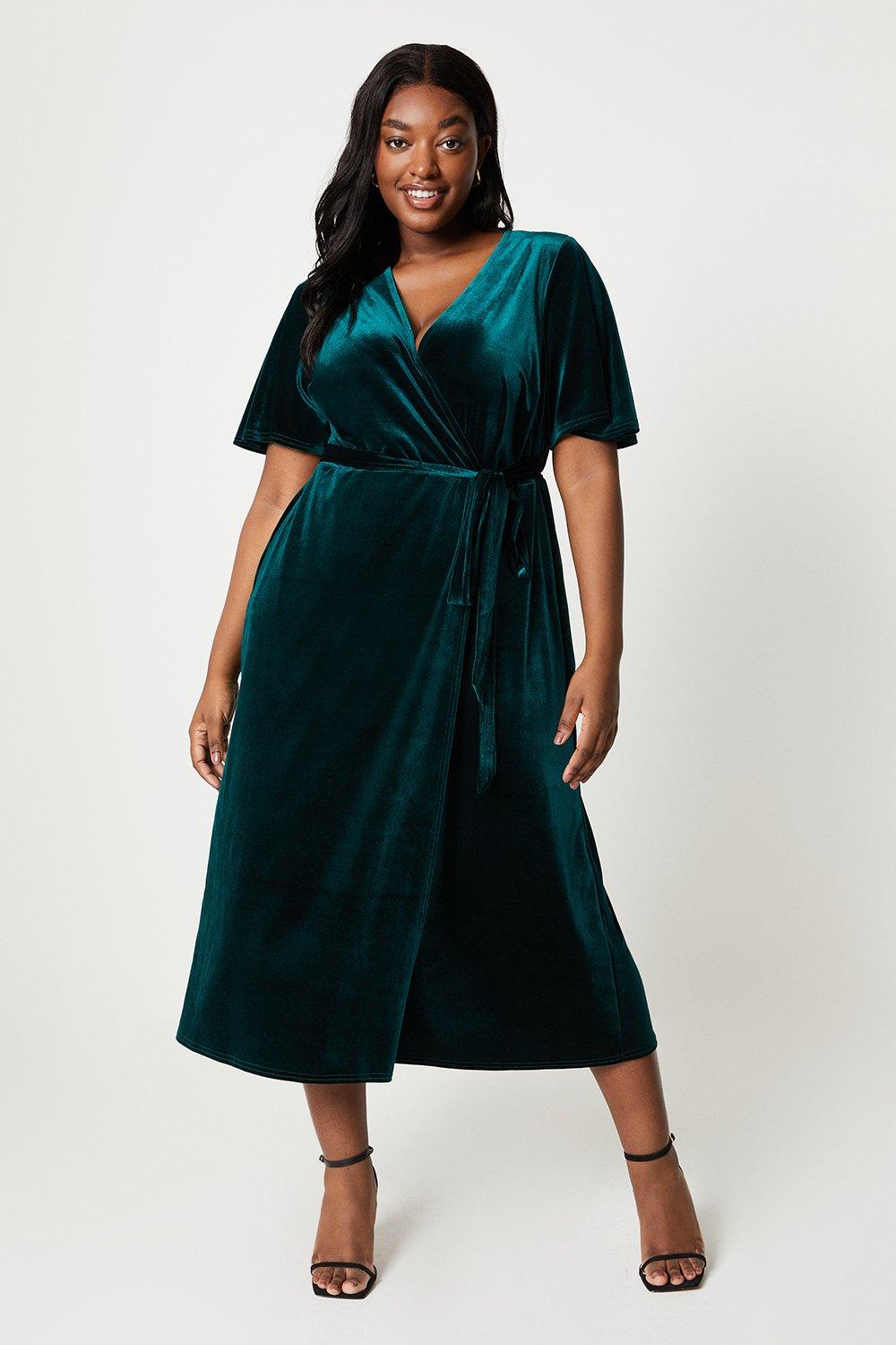 Women's Curve Velvet Wrap Angel Sleeve Midi Dress - green - 22