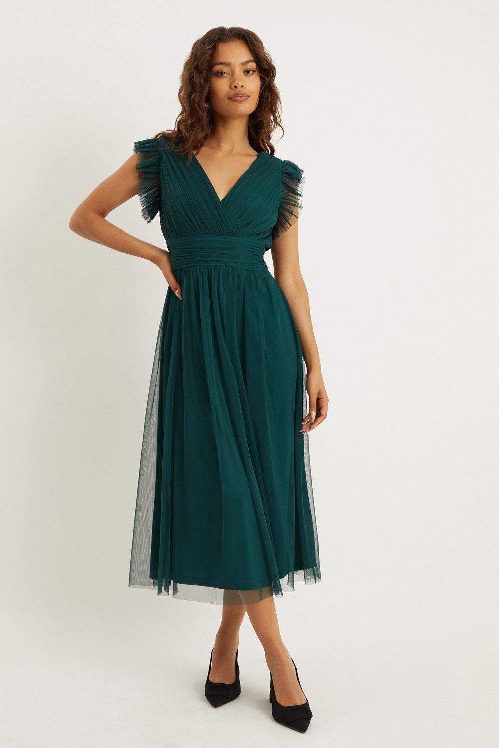 Womens Petite Green Tulle Midi Dress